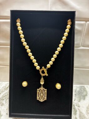 Gold-Tone Pearl Pendant Necklace and Stud Earrings Set by Heidi Daus.